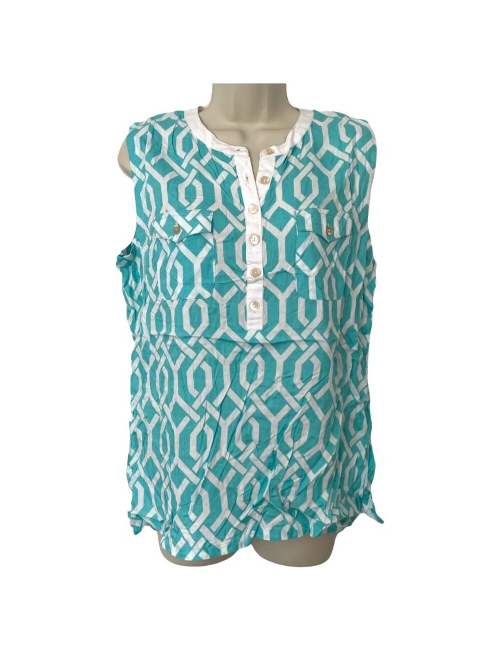 Escapada Cayla Top Womens Aqua Trellis Deco Sleeveless Blouse Size M